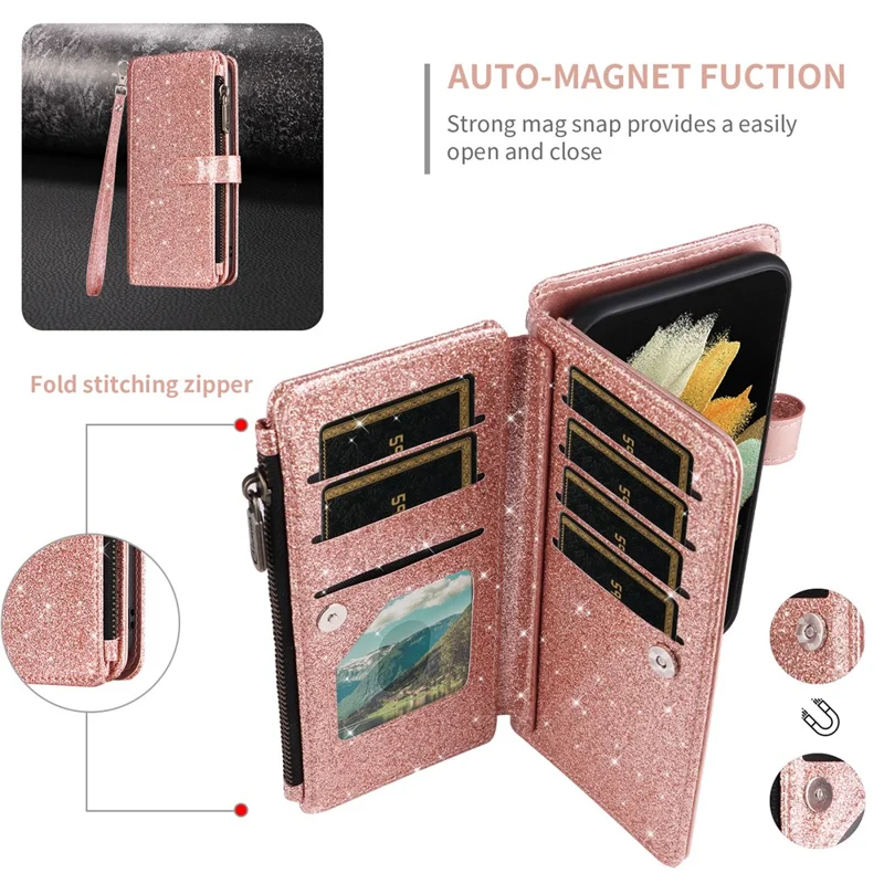ASUWISH For iPhone 17 Pro Case 10 Card Holder Glitter Leather Phone Cover with Crossbody Strap - Rose Gold