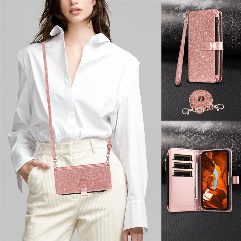ASUWISH For iPhone 17 Pro Case 10 Card Holder Glitter Leather Phone Cover with Crossbody Strap - Rose Gold