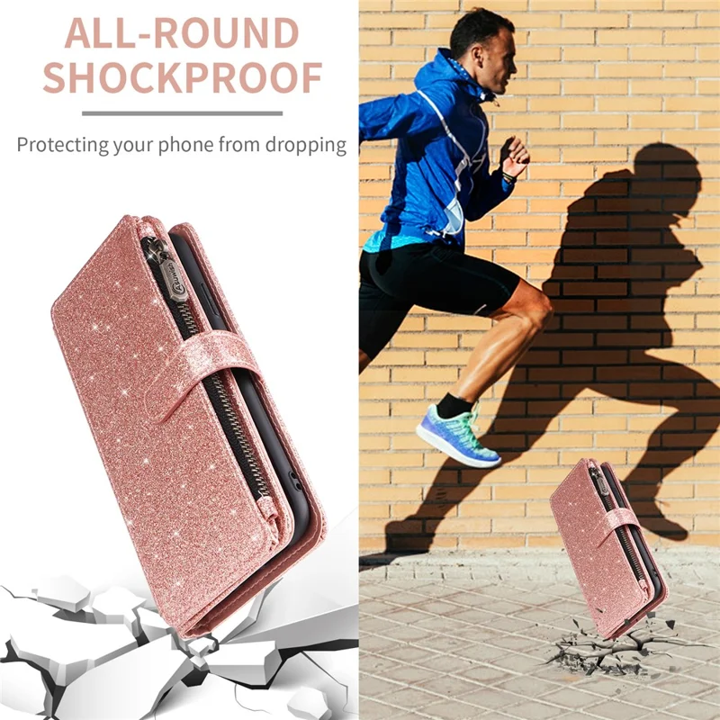 ASUWISH For iPhone 17 Pro Case 10 Card Holder Glitter Leather Phone Cover with Crossbody Strap - Rose Gold