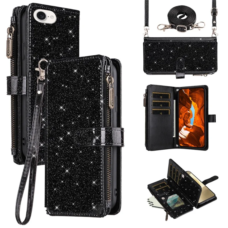 ASUWISH Per iPhone 16e Cover 10 Porta Carte Glitter in Pelle con Cinturino Trasversale - Nero