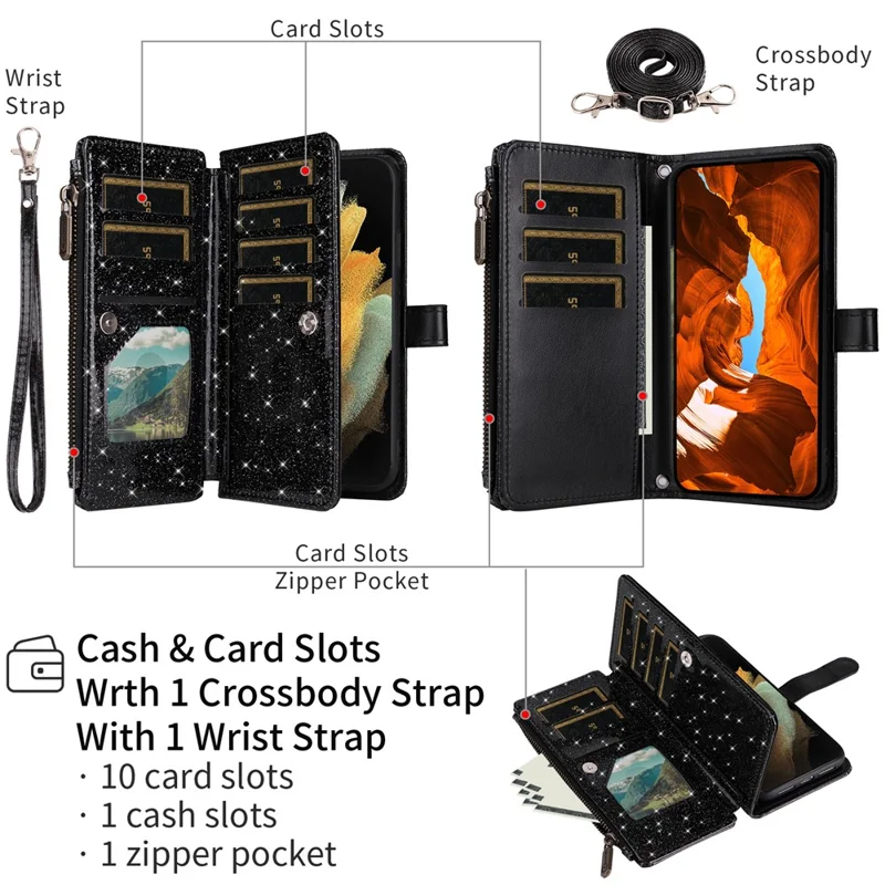 ASUWISH Per iPhone 16e Cover 10 Porta Carte Glitter in Pelle con Cinturino Trasversale - Nero