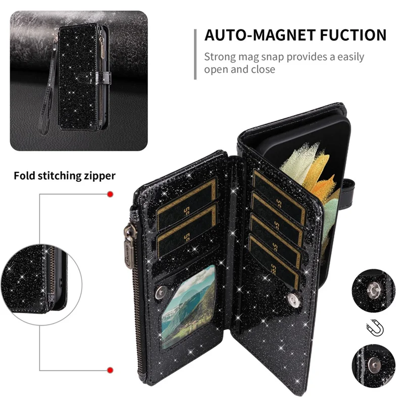 ASUWISH Per iPhone 16e Cover 10 Porta Carte Glitter in Pelle con Cinturino Trasversale - Nero