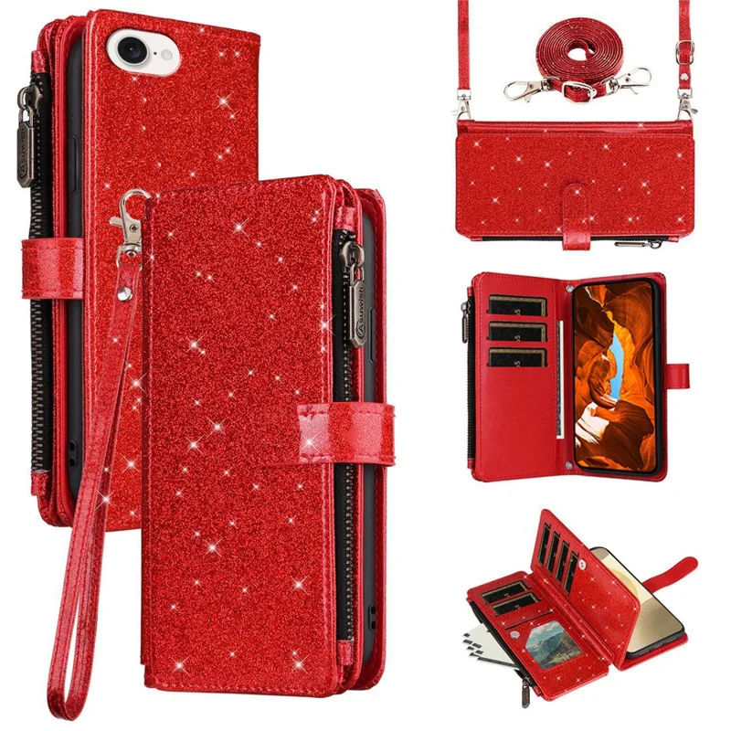 ASUWISH For iPhone 17e / 16e Case 10 Card Holder Glitter Leather Phone Cover with Crossbody Strap - Red