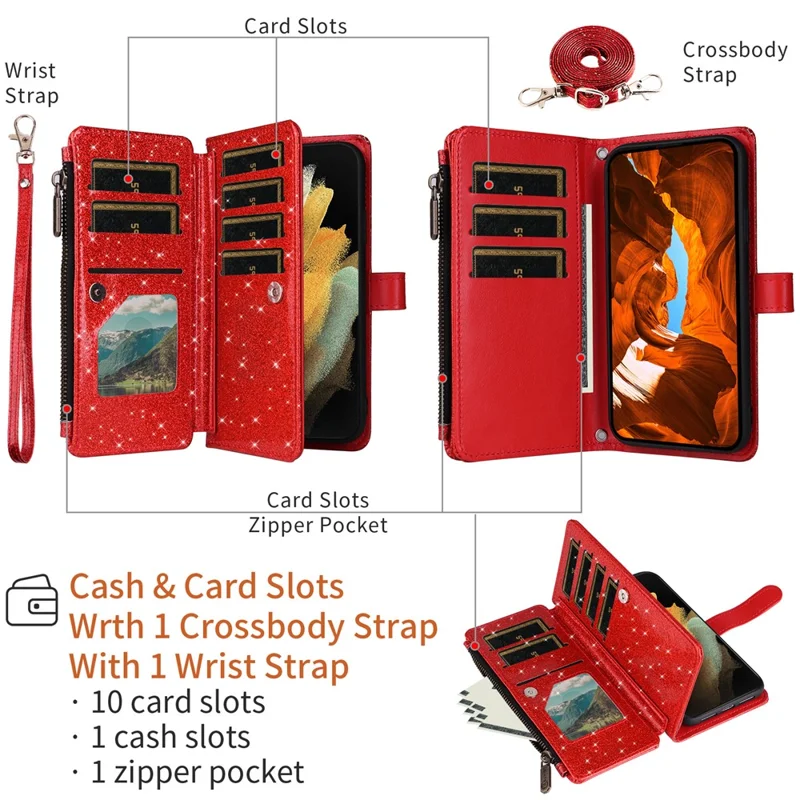 ASUWISH For iPhone 17e / 16e Case 10 Card Holder Glitter Leather Phone Cover with Crossbody Strap - Red
