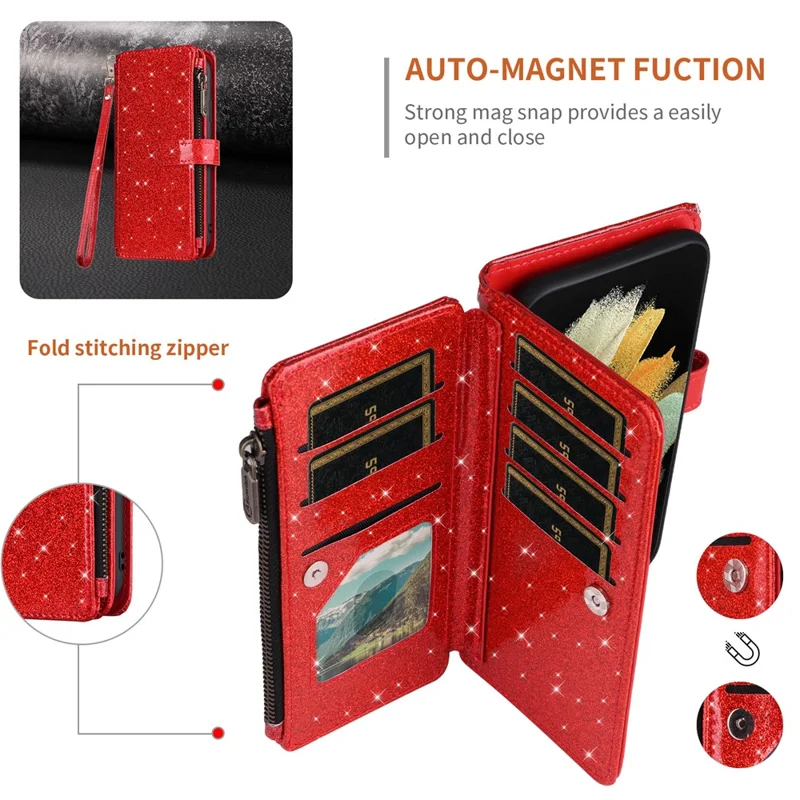 ASUWISH For iPhone 17e / 16e Case 10 Card Holder Glitter Leather Phone Cover with Crossbody Strap - Red