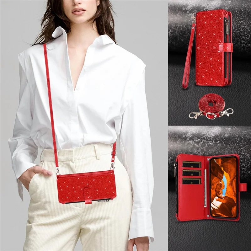 ASUWISH For iPhone 17e / 16e Case 10 Card Holder Glitter Leather Phone Cover with Crossbody Strap - Red