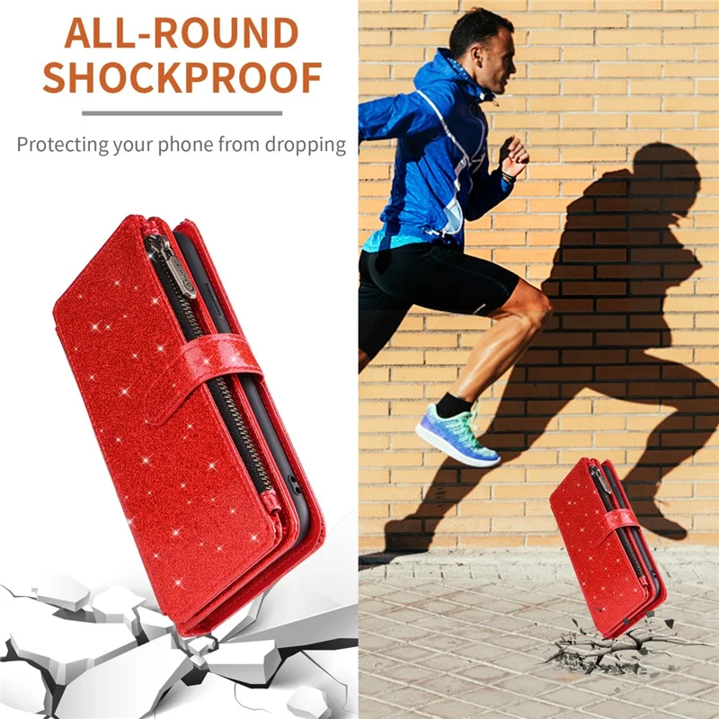 ASUWISH For iPhone 17e / 16e Case 10 Card Holder Glitter Leather Phone Cover with Crossbody Strap - Red