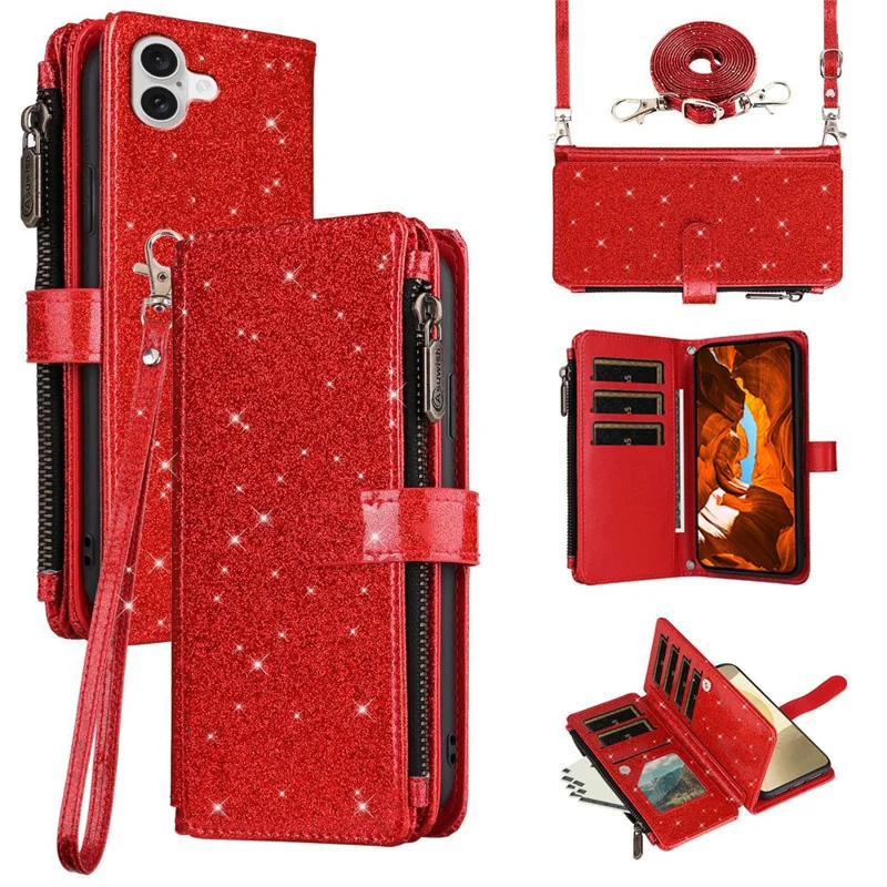 ASUWISH For iPhone 17 Case 10 Card Holder Glitter Leather Phone Cover with Crossbody Strap - Red