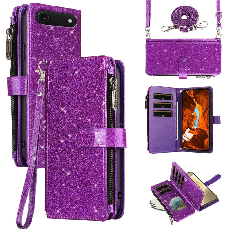 ASUWISH For iPhone Air Case 10 Card Holder Glitter Leather Phone Cover with Crossbody Strap - Purple