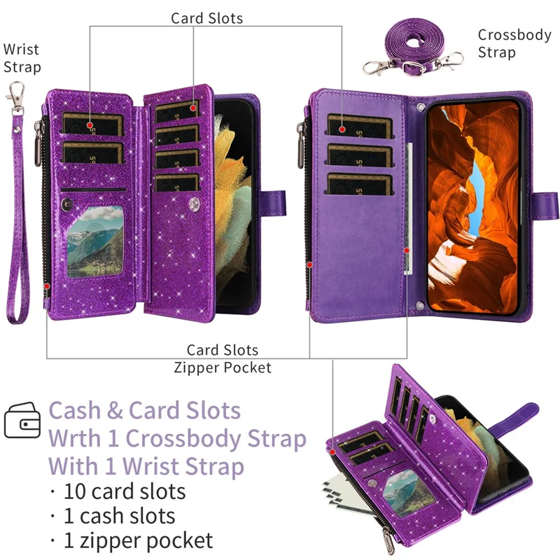 ASUWISH For iPhone Air Case 10 Card Holder Glitter Leather Phone Cover with Crossbody Strap - Purple