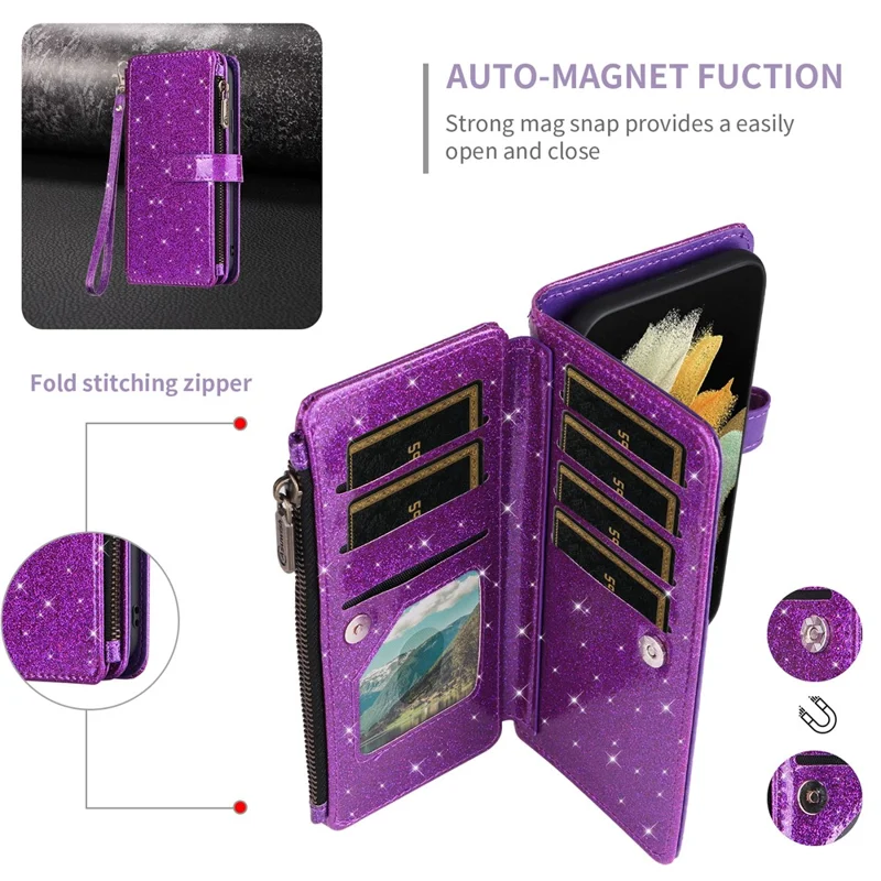 ASUWISH For iPhone Air Case 10 Card Holder Glitter Leather Phone Cover with Crossbody Strap - Purple