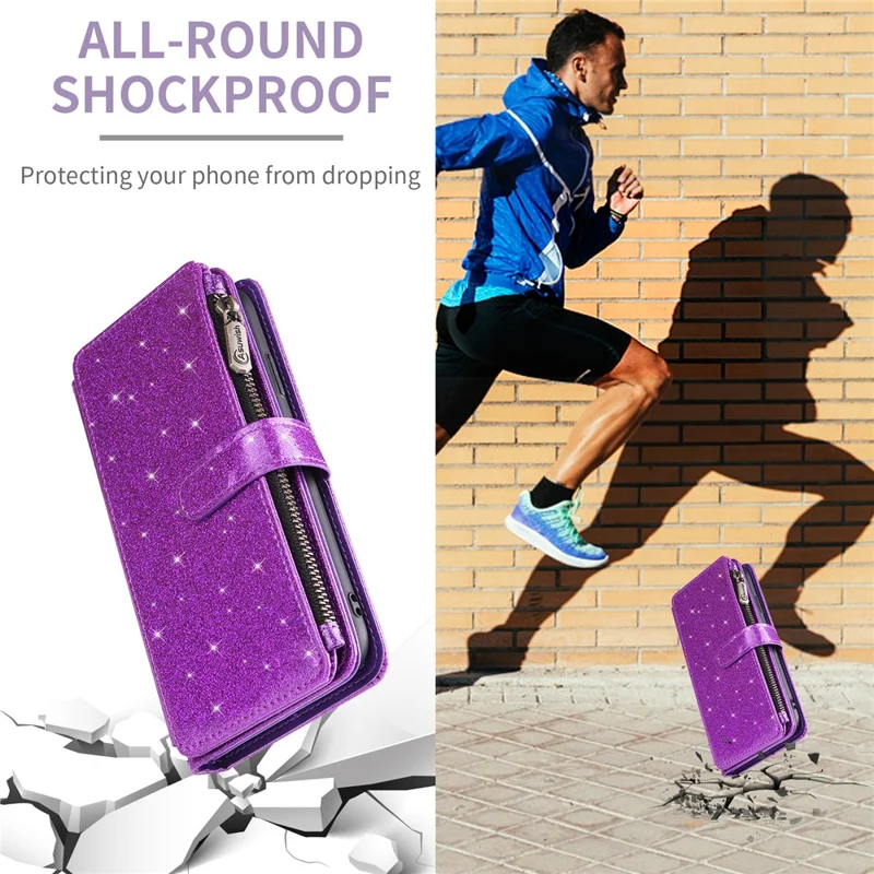 ASUWISH For iPhone Air Case 10 Card Holder Glitter Leather Phone Cover with Crossbody Strap - Purple