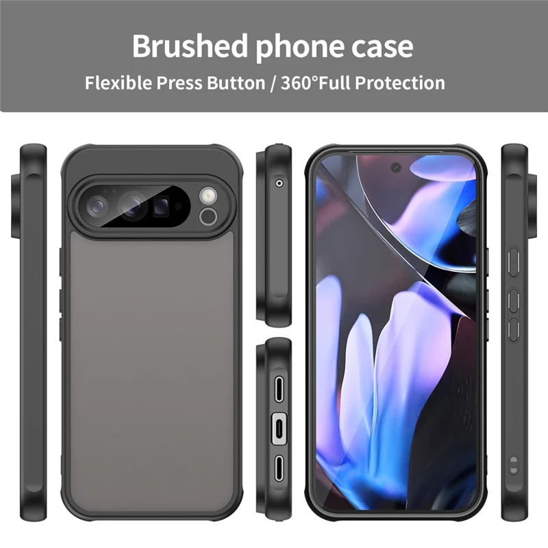 For Google Pixel 10 Pro XL Case Drop Proof Airbags Frosted Translucent PC + TPU Phone Back Cover - Black