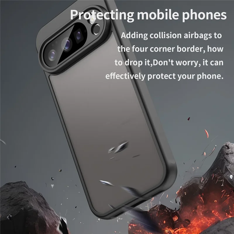 For Google Pixel 10 Pro Case Drop Proof Airbags Frosted Translucent PC + TPU Phone Back Cover - Black