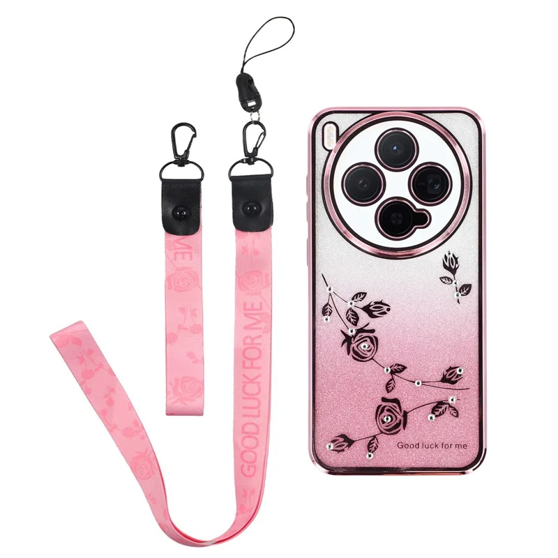 KADEM For vivo X300 5G Case Flower Pattern TPU Gradient Phone Cover with Lanyards - Rose Gold