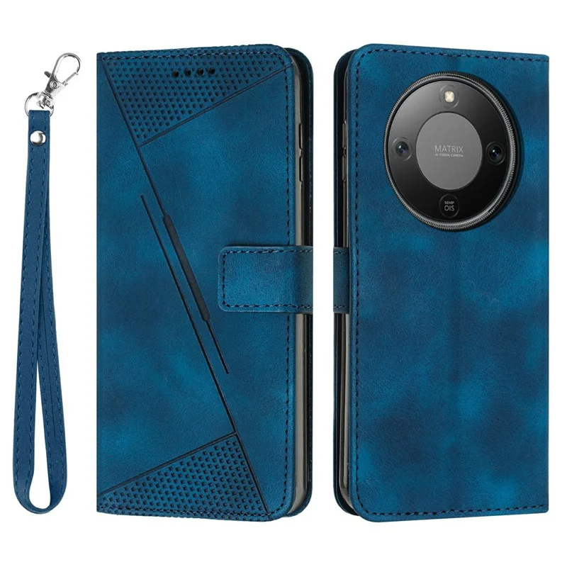 Для Honor X70 5G / X9d 5G Кожаный чехол с тиснением в виде треугольника и ручным ремешком - Синий