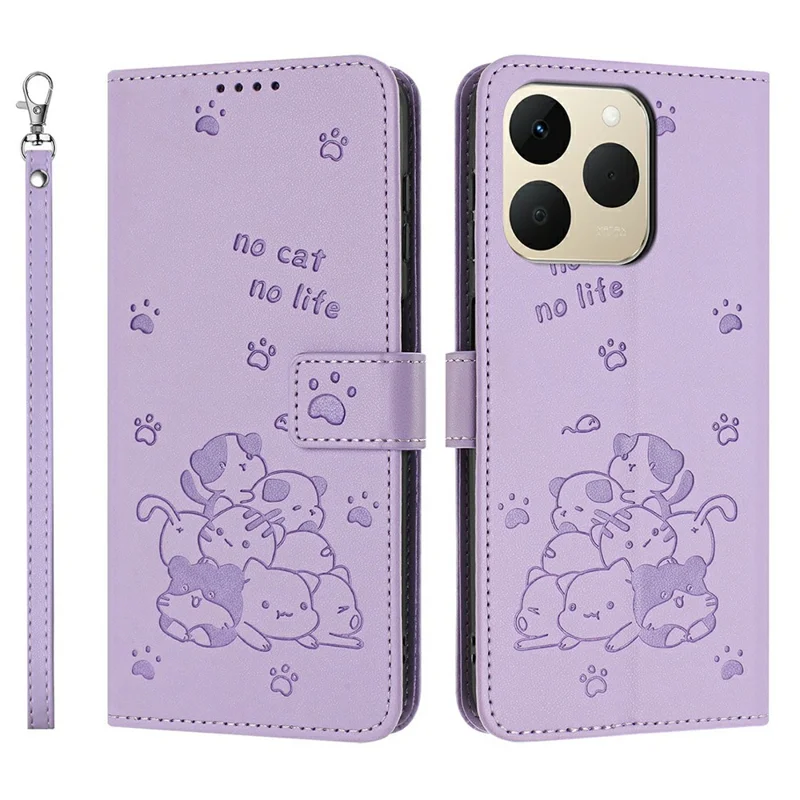 For Realme 15T 5G Wallet Case Cats Imprint Leather Phone Cover with Strap - Purple