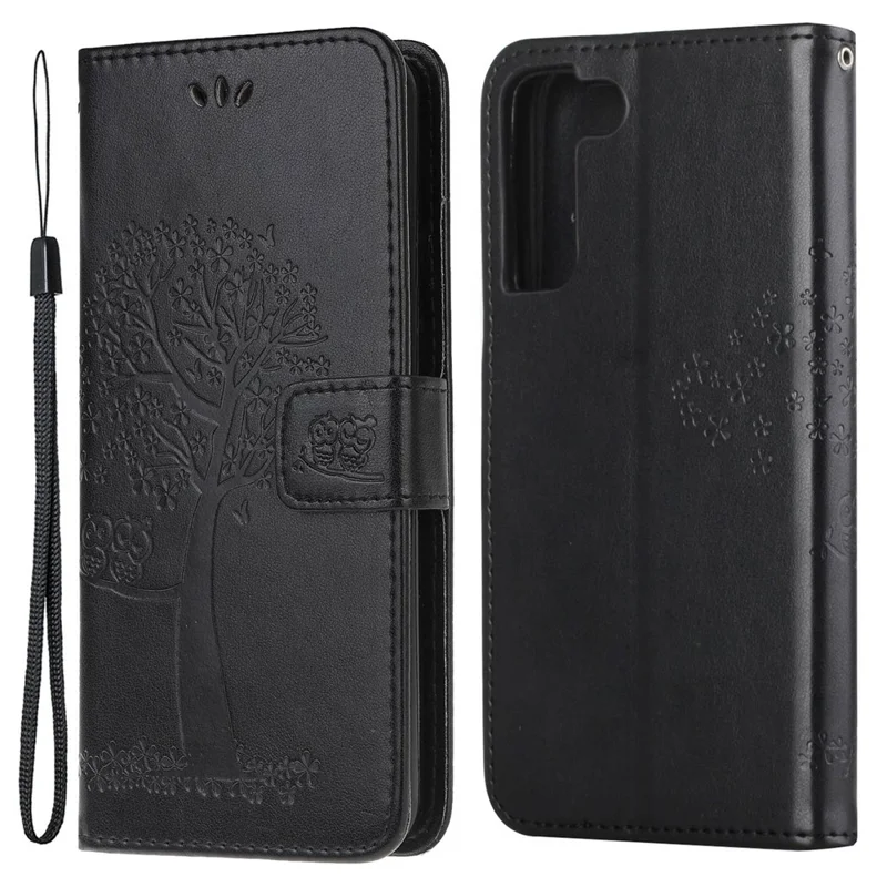 Full Protection Phone Cover for Samsung Galaxy S23+, PU Leather Imprinted Owl Tree Pattern Magnetic Clasp Flip Wallet Case with Stand - Black