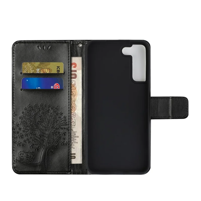 Full Protection Phone Cover for Samsung Galaxy S23+, PU Leather Imprinted Owl Tree Pattern Magnetic Clasp Flip Wallet Case with Stand - Black