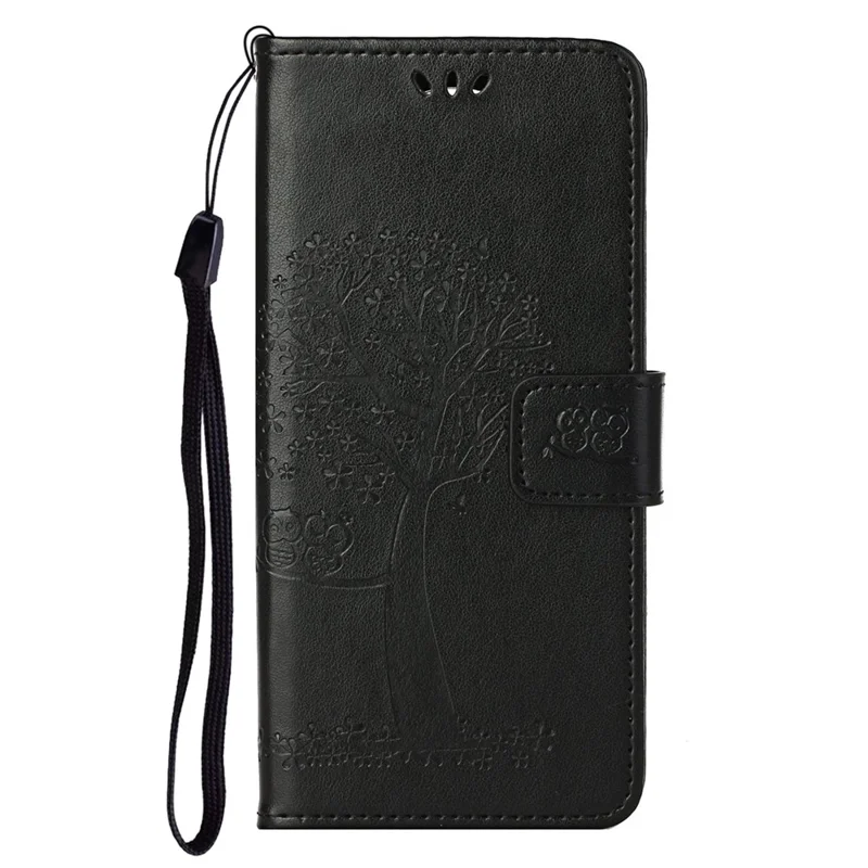 Full Protection Phone Cover for Samsung Galaxy S23+, PU Leather Imprinted Owl Tree Pattern Magnetic Clasp Flip Wallet Case with Stand - Black