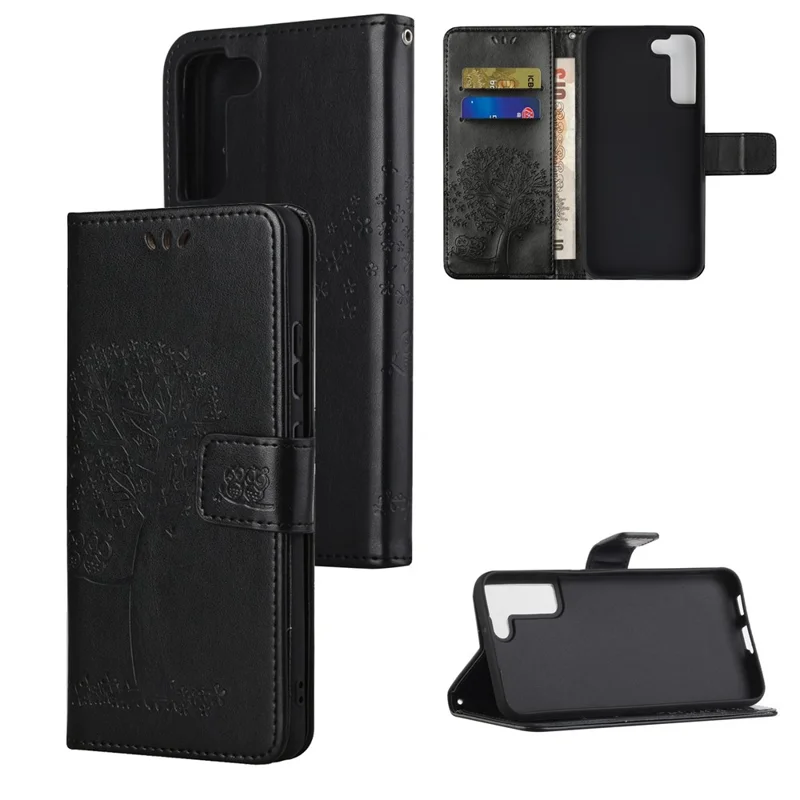 Full Protection Phone Cover for Samsung Galaxy S23+, PU Leather Imprinted Owl Tree Pattern Magnetic Clasp Flip Wallet Case with Stand - Black