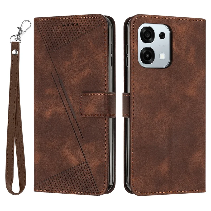 Futera skórzana na Oppo F31 5G / A6 Pro 5G / 4G z nadrukiem trójkątów z paskiem na rękę - Brązowa