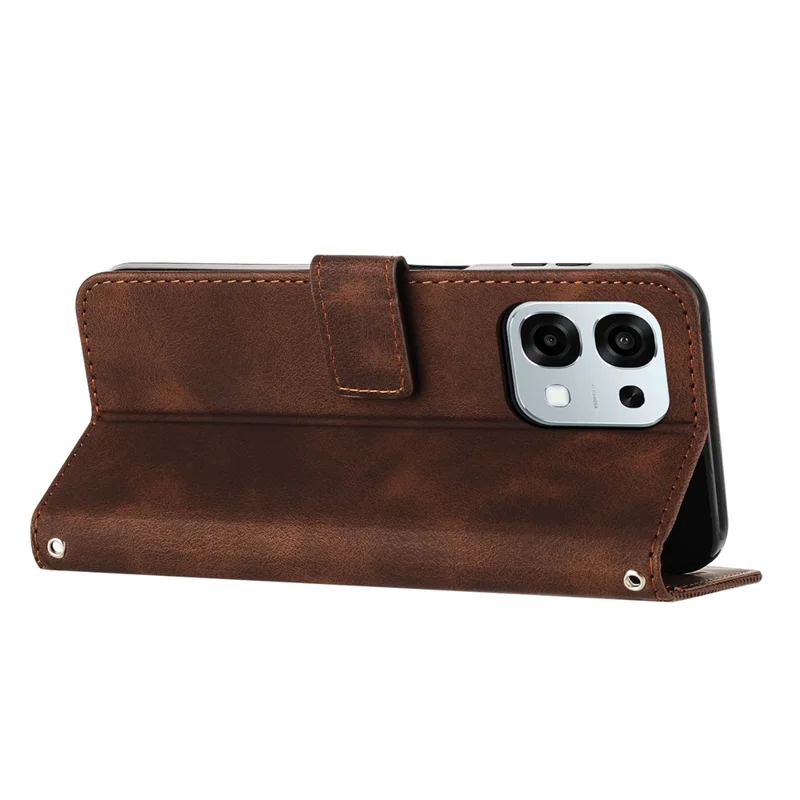 Futera skórzana na Oppo F31 5G / A6 Pro 5G / 4G z nadrukiem trójkątów z paskiem na rękę - Brązowa