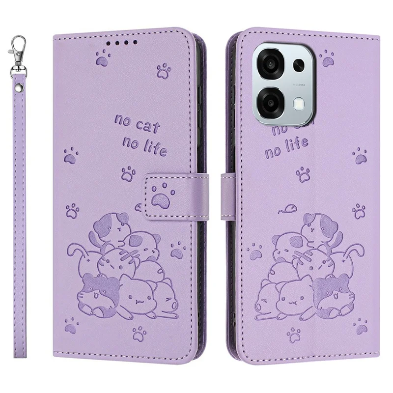 Pungtaske til Oppo F31 5G / A6 Pro 5G / 4G Kattemønster Læder Telefonbeskyttelsesdæksel med Snor - Lilla