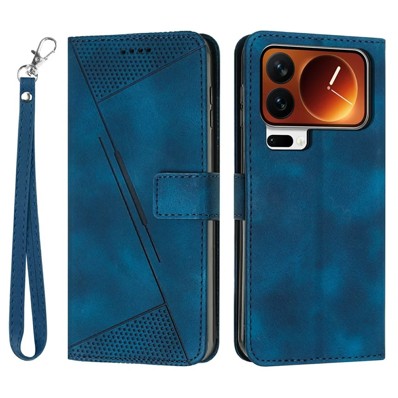 Capa de Couro para Xiaomi 17 Pro com Estampa de Triângulo e Alça de Mão - Azul