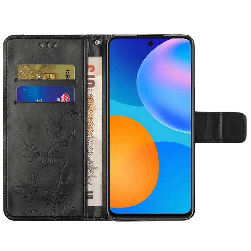 Für Samsung Galaxy S23+ Schmetterling Blumen geprägtes PU-Leder-Handytasche mit Geldbörse Ständer Vollschutz Smartphone-Hülle - Schwarz