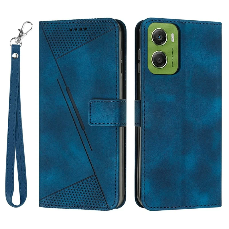 For Motorola Moto G06 Power 4G / G06 4G Leather Case Imprinted Triangle Phone Cover with Hand Strap - Blue