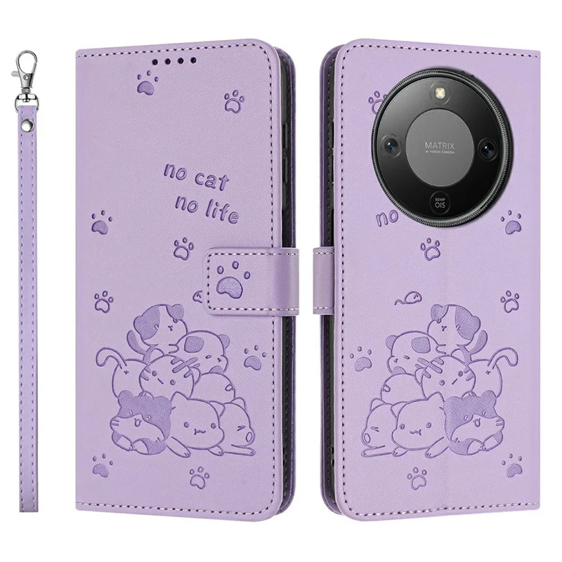 For Honor Magic8 Lite 5G / X9d 5G / X70 5G Wallet Case Cats Imprint Leather Phone Cover with Strap - Purple