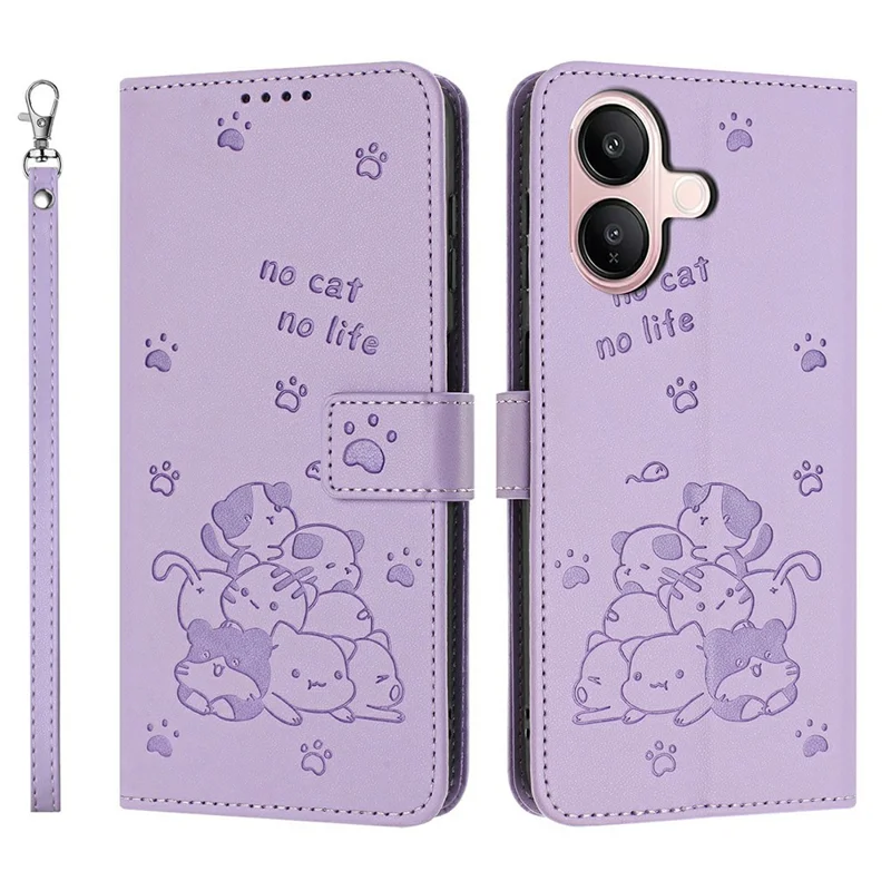 For vivo V60 Lite 5G  /  4G Wallet Case Cats Imprint Leather Phone Cover with Strap - Purple
