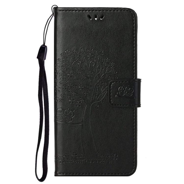 Anti-drop Magnetic Clasp Phone Cover for Samsung Galaxy S23 Ultra, PU Leather Imprinted Owl Tree Pattern Flip Wallet Case with Stand - Black