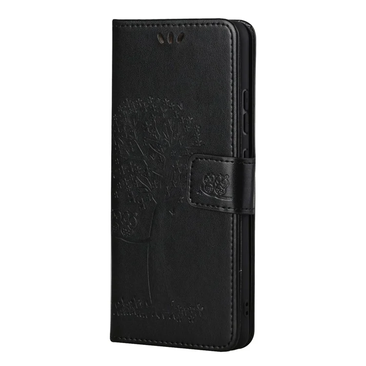 Anti-drop Magnetic Clasp Phone Cover for Samsung Galaxy S23 Ultra, PU Leather Imprinted Owl Tree Pattern Flip Wallet Case with Stand - Black