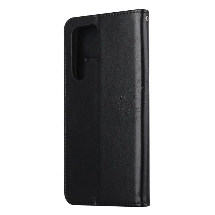 Anti-drop Magnetic Clasp Phone Cover for Samsung Galaxy S23 Ultra, PU Leather Imprinted Owl Tree Pattern Flip Wallet Case with Stand - Black