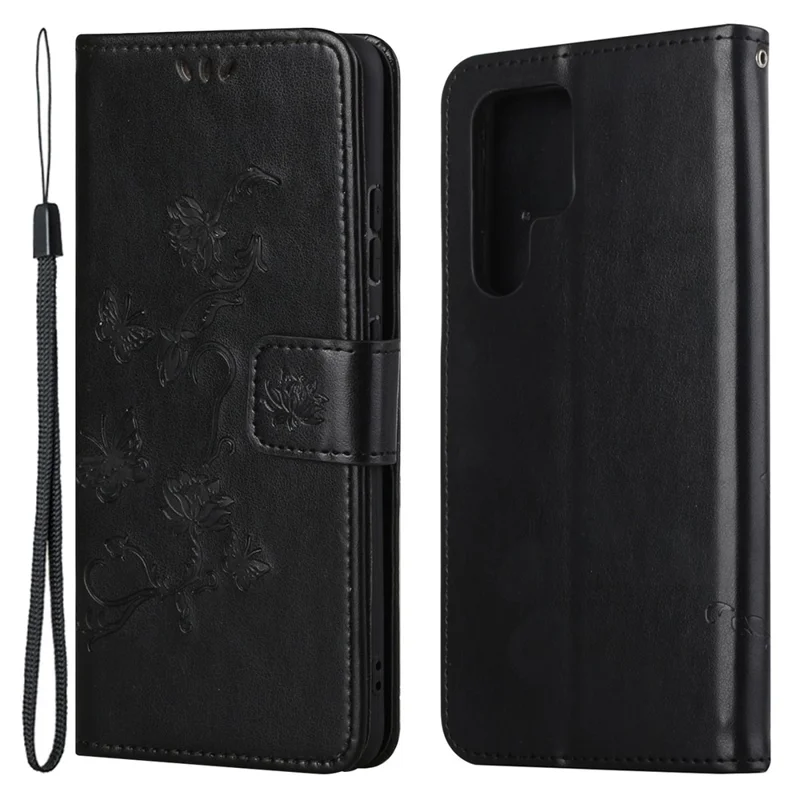 For Samsung Galaxy S23 Ultra Butterfly Flower Imprinted PU Leather Phone Case Wallet Stand Feature Smartphone Cover - Black