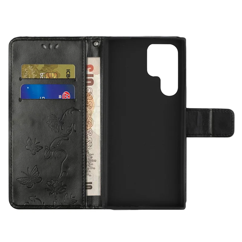 For Samsung Galaxy S23 Ultra Butterfly Flower Imprinted PU Leather Phone Case Wallet Stand Feature Smartphone Cover - Black