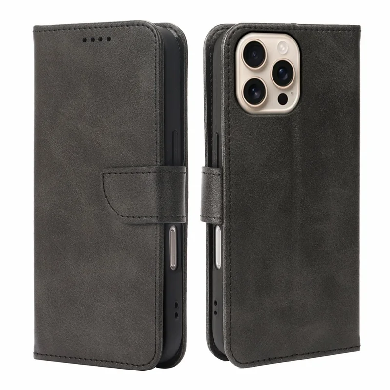 iPhone 16 Pro Hülle Brieftasche Ständer Messer Verschluss Kalb Textur Leder Handyhülle - Schwarz