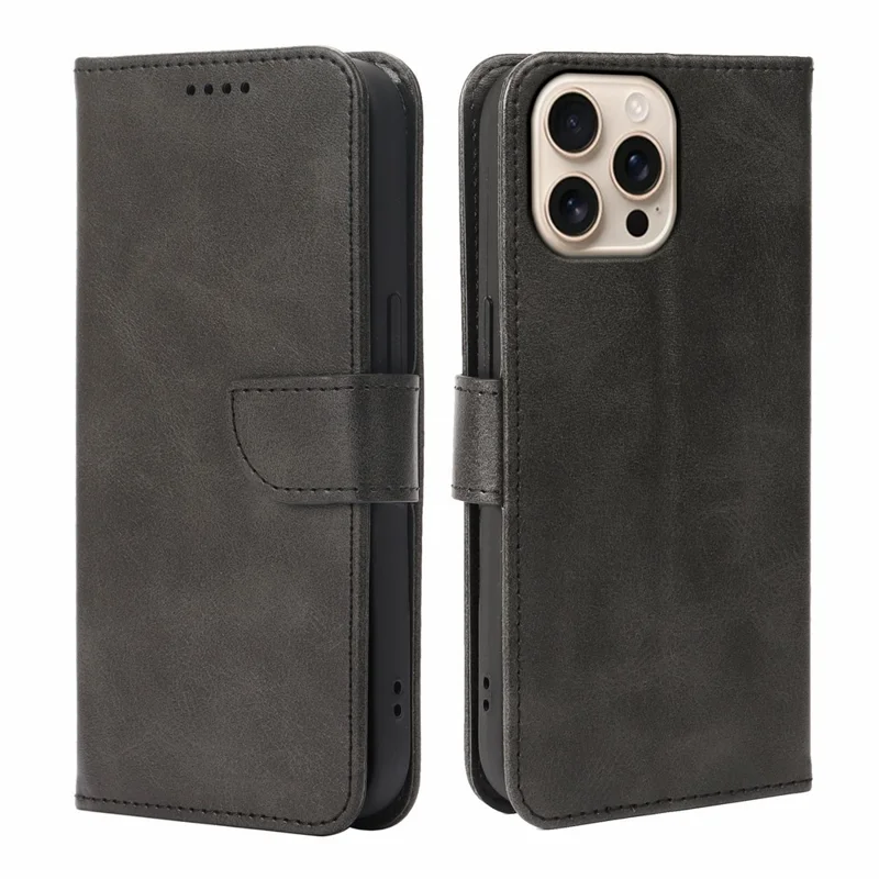 For iPhone 15 Pro Case Wallet Stand Magnetic Closure Calf Texture Leather Phone Cover - Black