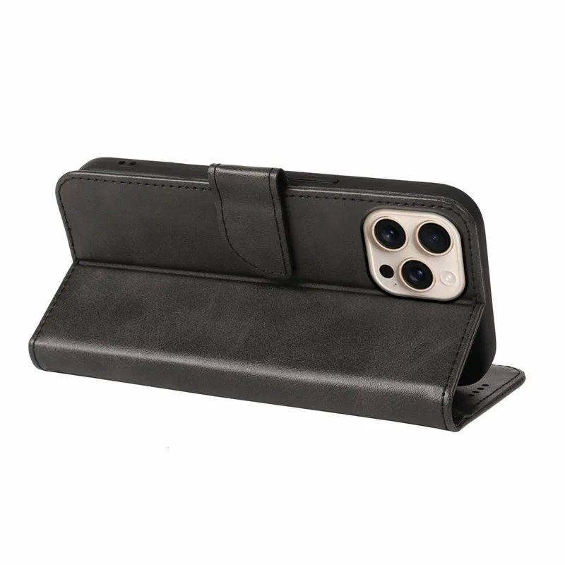 For iPhone 14 Pro Case Wallet Stand Magnetic Closure Calf Texture Leather Phone Cover - Black