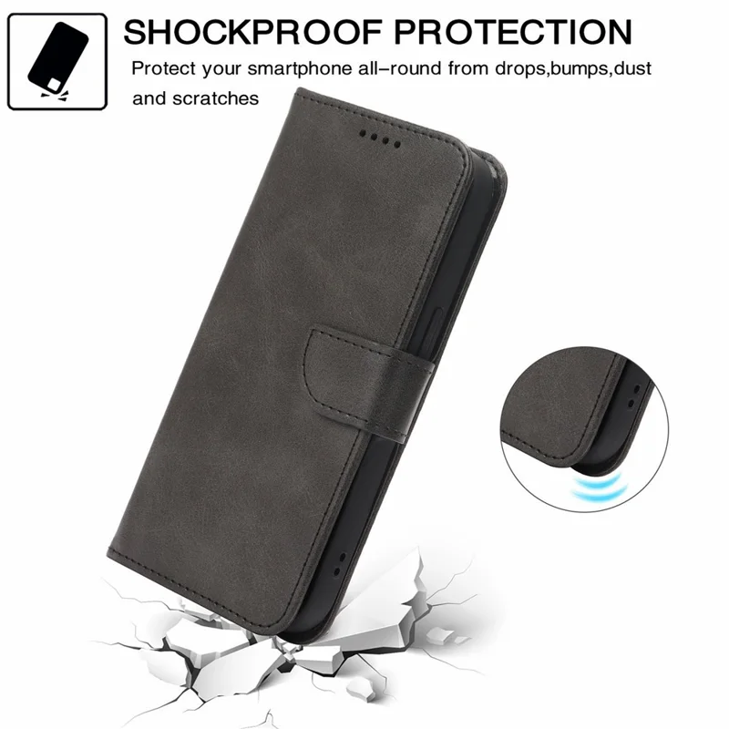 For iPhone 14 Pro Max Case Wallet Stand Magnetic Closure Calf Texture Leather Phone Cover - Black