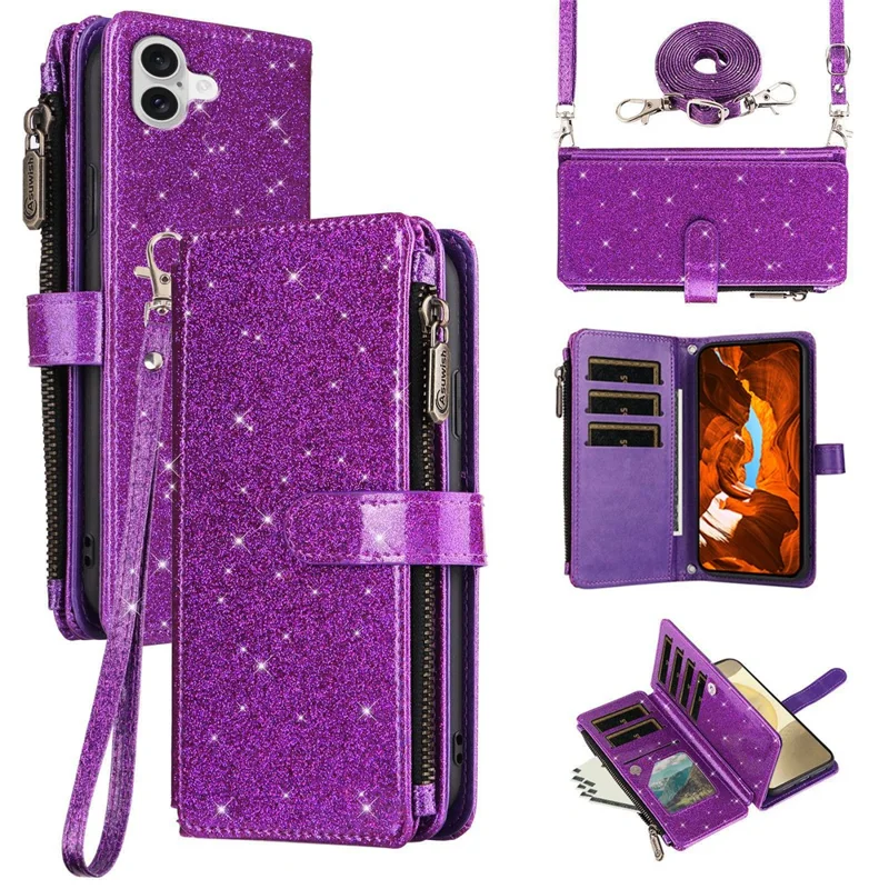 ASUWISH For iPhone 16 Case 10 Card Holder Glitter Leather Phone Cover with Crossbody Strap - Purple