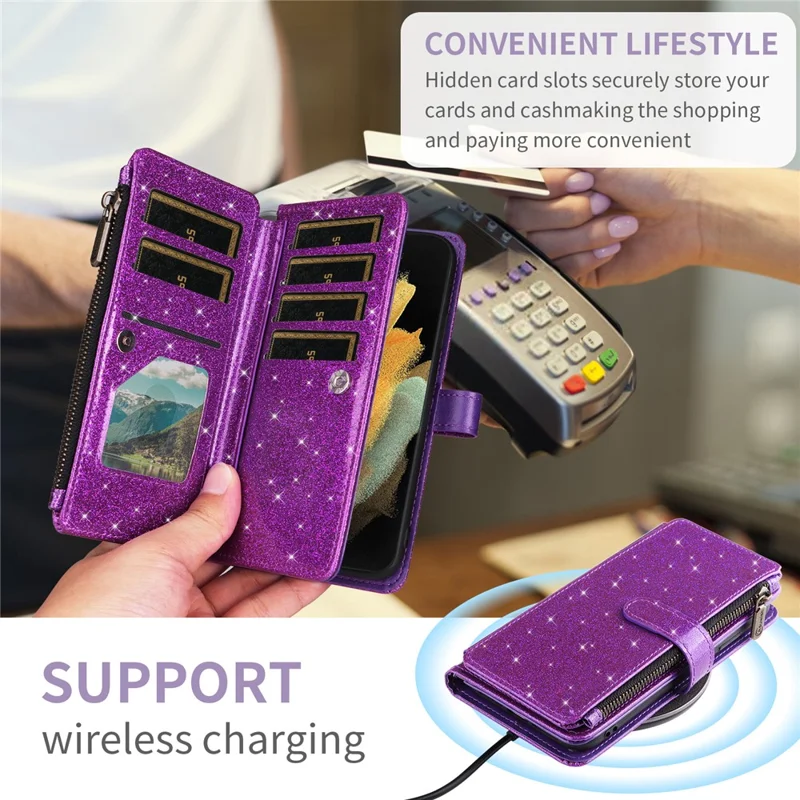 ASUWISH For iPhone 16 Case 10 Card Holder Glitter Leather Phone Cover with Crossbody Strap - Purple