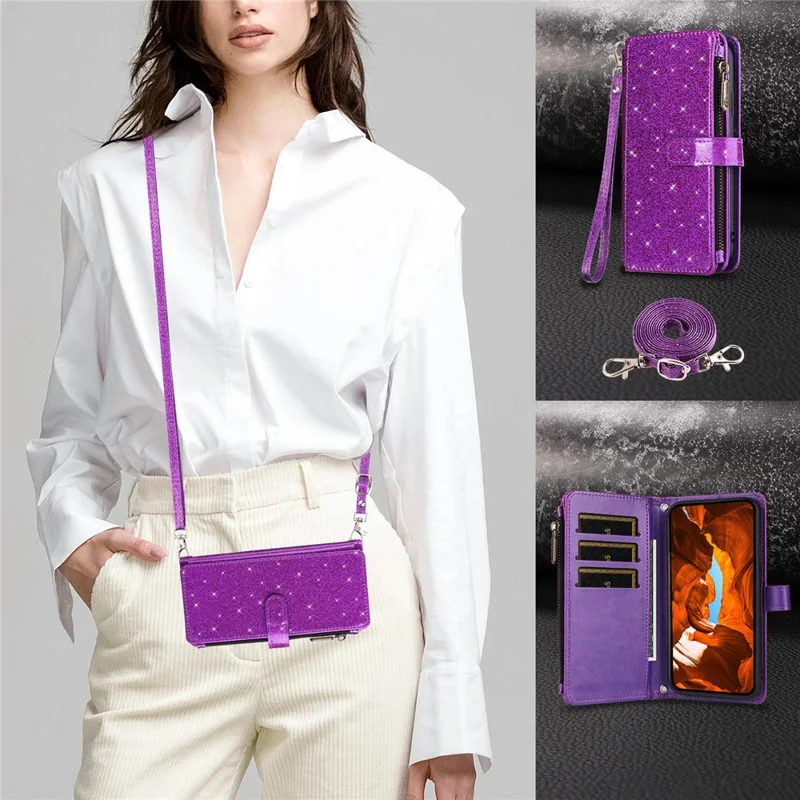 ASUWISH For iPhone 16 Plus Case 10 Card Holder Glitter Leather Phone Cover with Crossbody Strap - Purple
