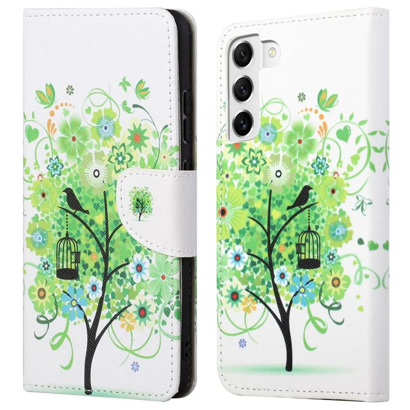 Para Samsung Galaxy S23 Textura Cruzada PU Couro Flip Stand Padrões de Impressão Padrão de Impressão Tampa do Protetor - Árvore Verde