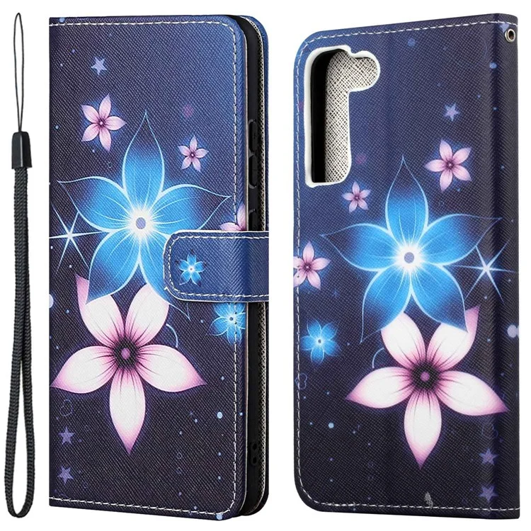 Para Samsung Galaxy S23 Cross Texture PU Leather Scratch Proof Cover 3D Pattern Printing Foldable Stand Wallet Case - Blue Flower