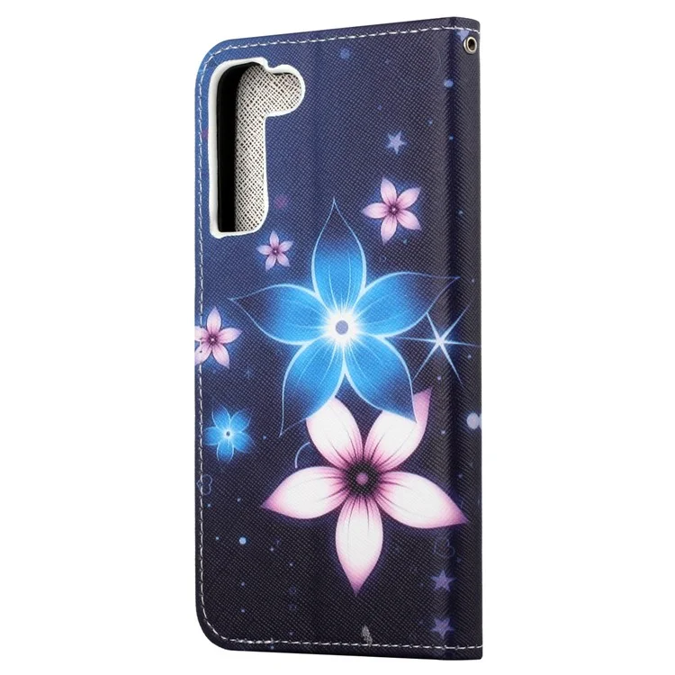 Para Samsung Galaxy S23 Cross Texture PU Leather Scratch Proof Cover 3D Pattern Printing Foldable Stand Wallet Case - Blue Flower