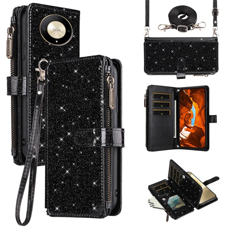 ASUWISH For Honor Magic6 Lite 5G  /  X9b 5G Case 10 Card Holder Glitter Leather Phone Cover with Crossbody Strap - Black