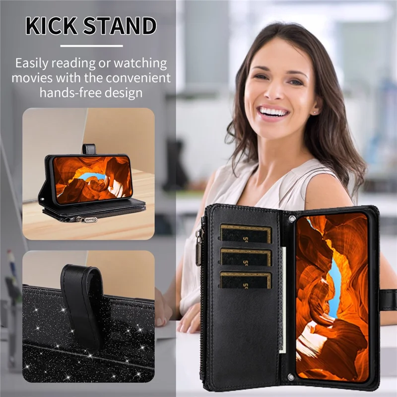 ASUWISH For Honor Magic6 Lite 5G  /  X9b 5G Case 10 Card Holder Glitter Leather Phone Cover with Crossbody Strap - Black